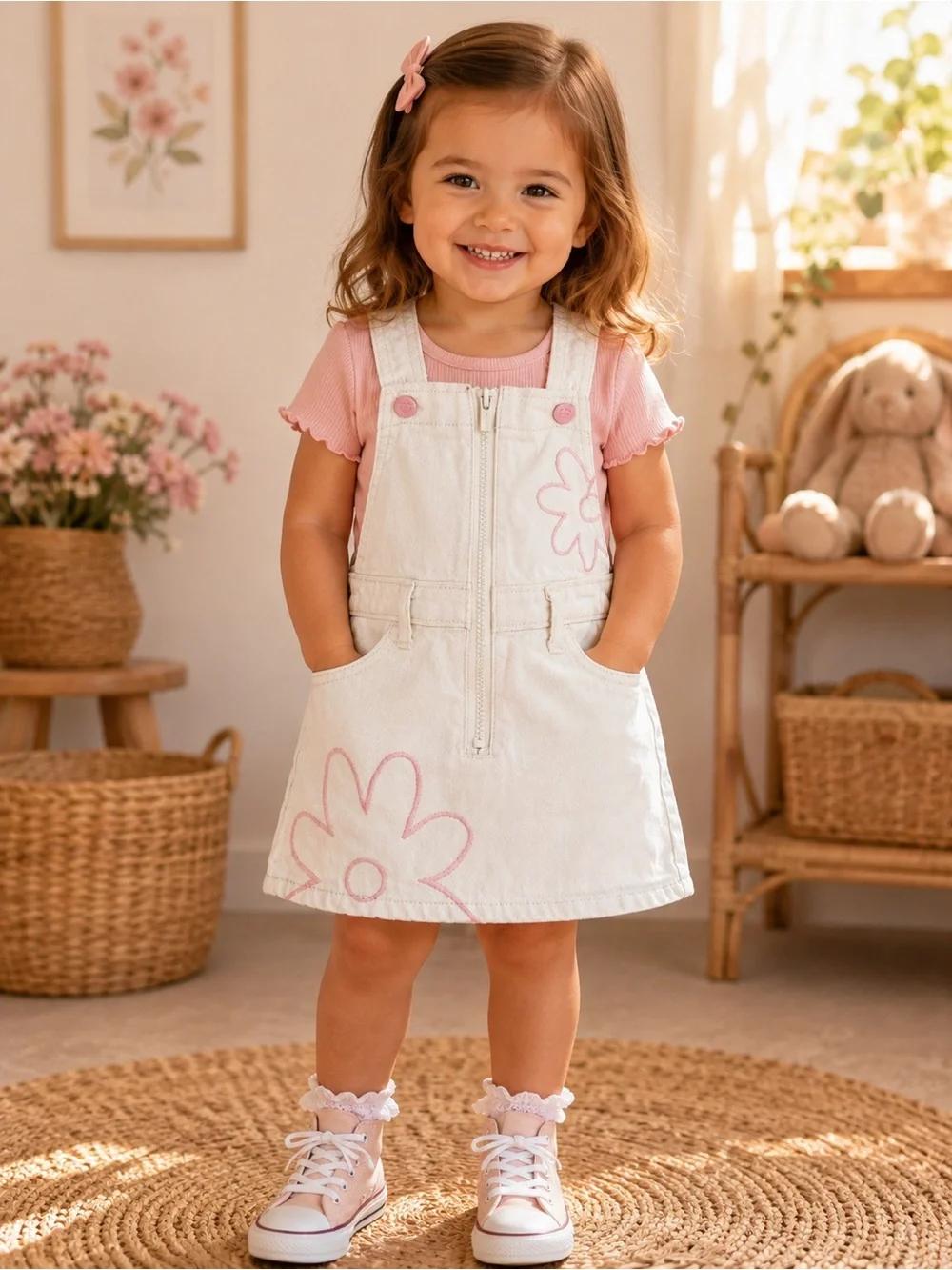 Old Navy White Denim Overall Dress with Embroidered Floral Detail